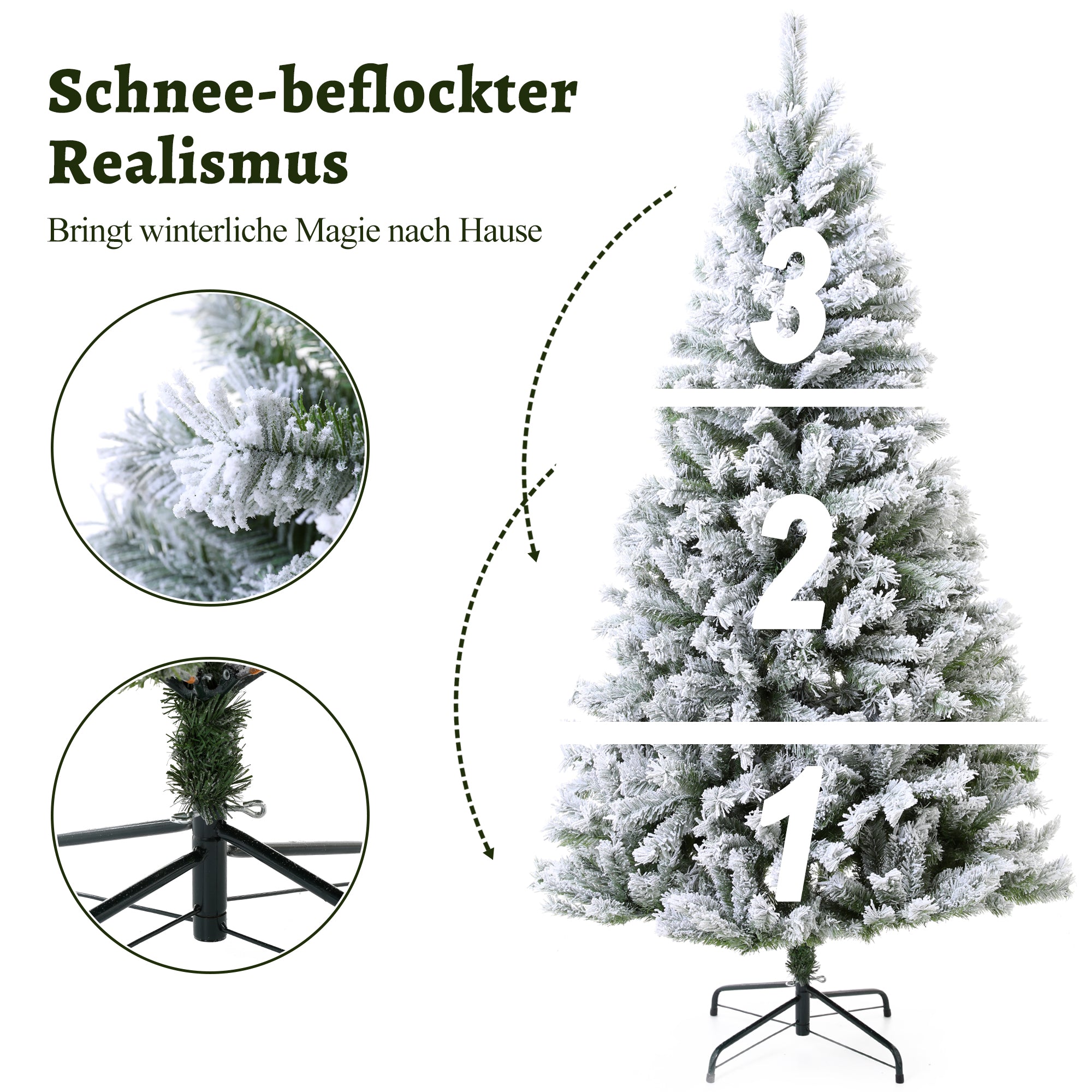 Artificial Snow-Flocked Christmas Tree – Snowy Fir Tree in Various Sizes (180–240 cm), Dense PVC Tree, Foldable Umbrella Design, Realistic Look, Incl. Metal Stand, Flame Retardant