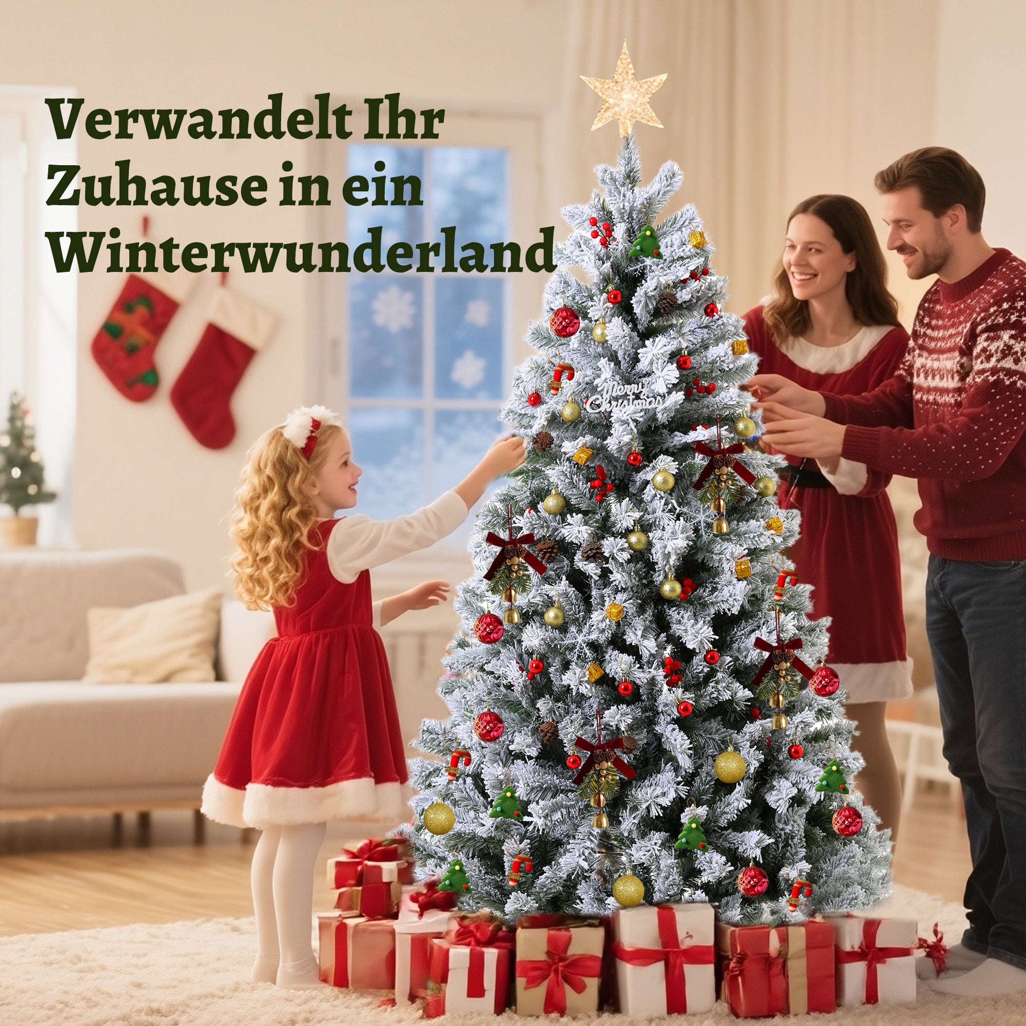 Artificial Snow-Flocked Christmas Tree – Snowy Fir Tree in Various Sizes (180–240 cm), Dense PVC Tree, Foldable Umbrella Design, Realistic Look, Incl. Metal Stand, Flame Retardant
