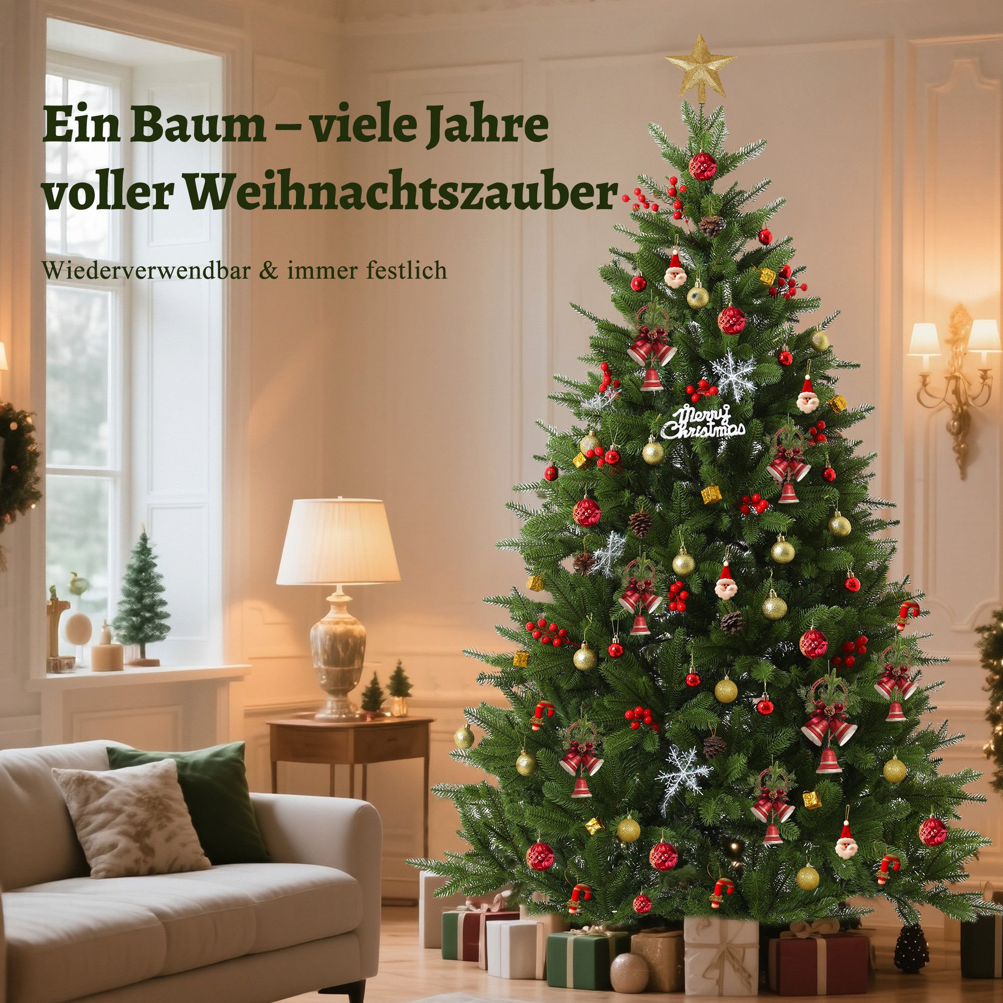 YULEMS Artificial Christmas Tree 180/210/240cm – Realistic PE+PVC Branches & Sturdy Metal Base – Dense, Durable & Lifelike – Indoor Christmas Decoration